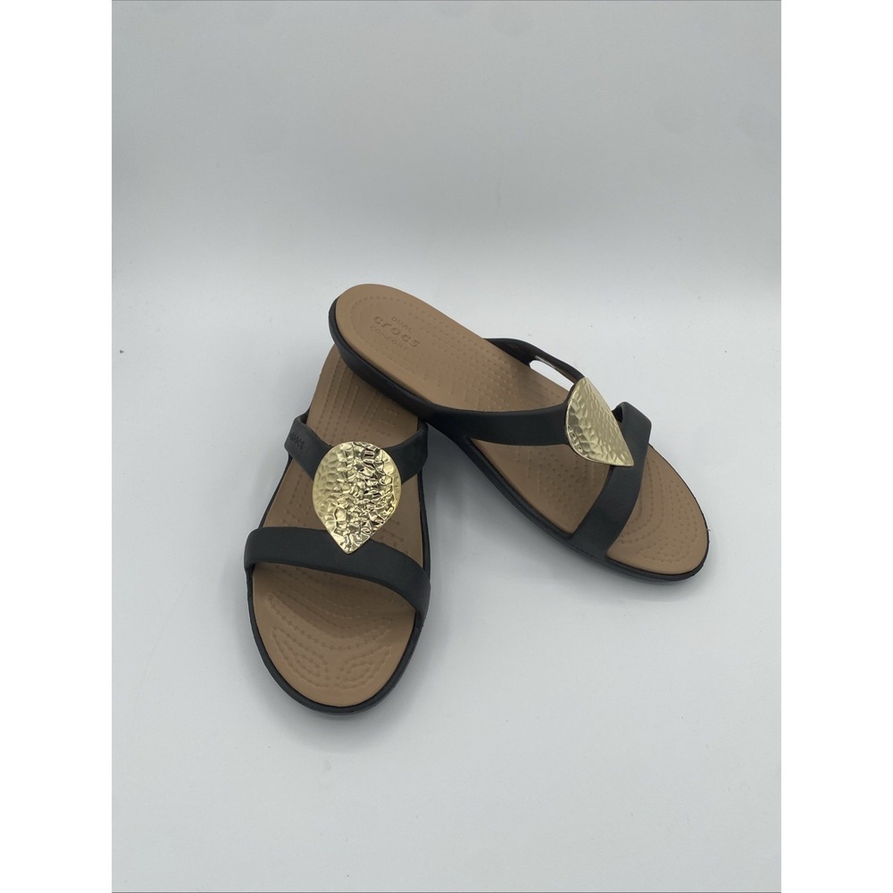 Crocs Sanrah Hammered Tear Drop Sandal Espresso Gold Womens 10